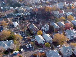 An aerial view of the Queens neighborhood where Flight 587 came down